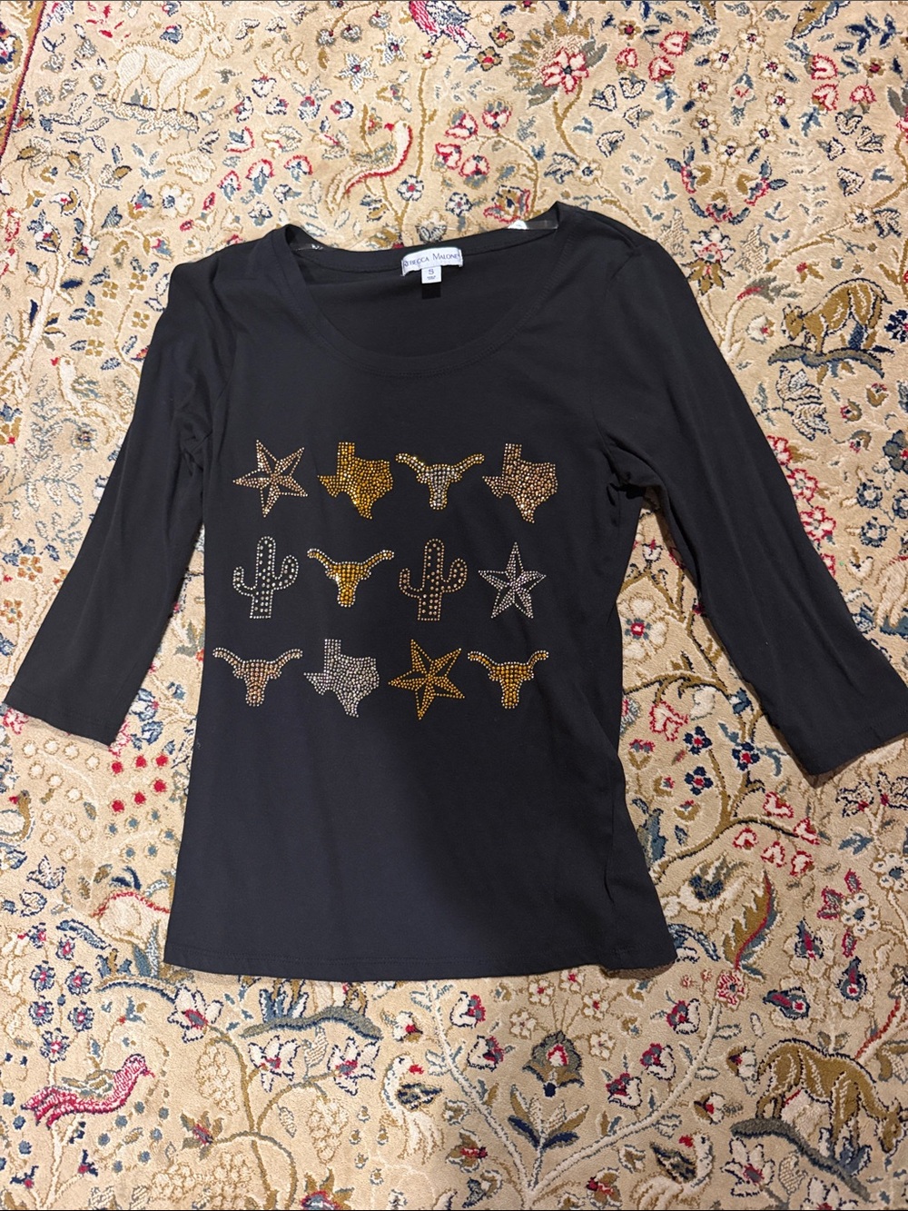 Rebecca Malone Black Long-Sleeve Scoop Neck Top with Metallic Stud Motifs